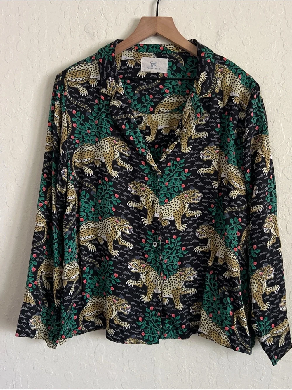 Printfresh Women's Green Bagheera Long PJ Pajamas Set Large Jaguar Print Viscose